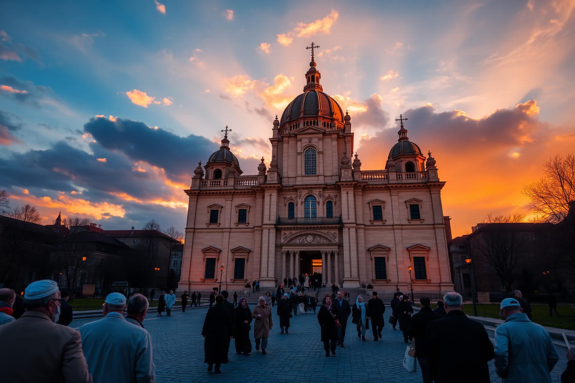 Peregrinos frente a una basílica al atardecer